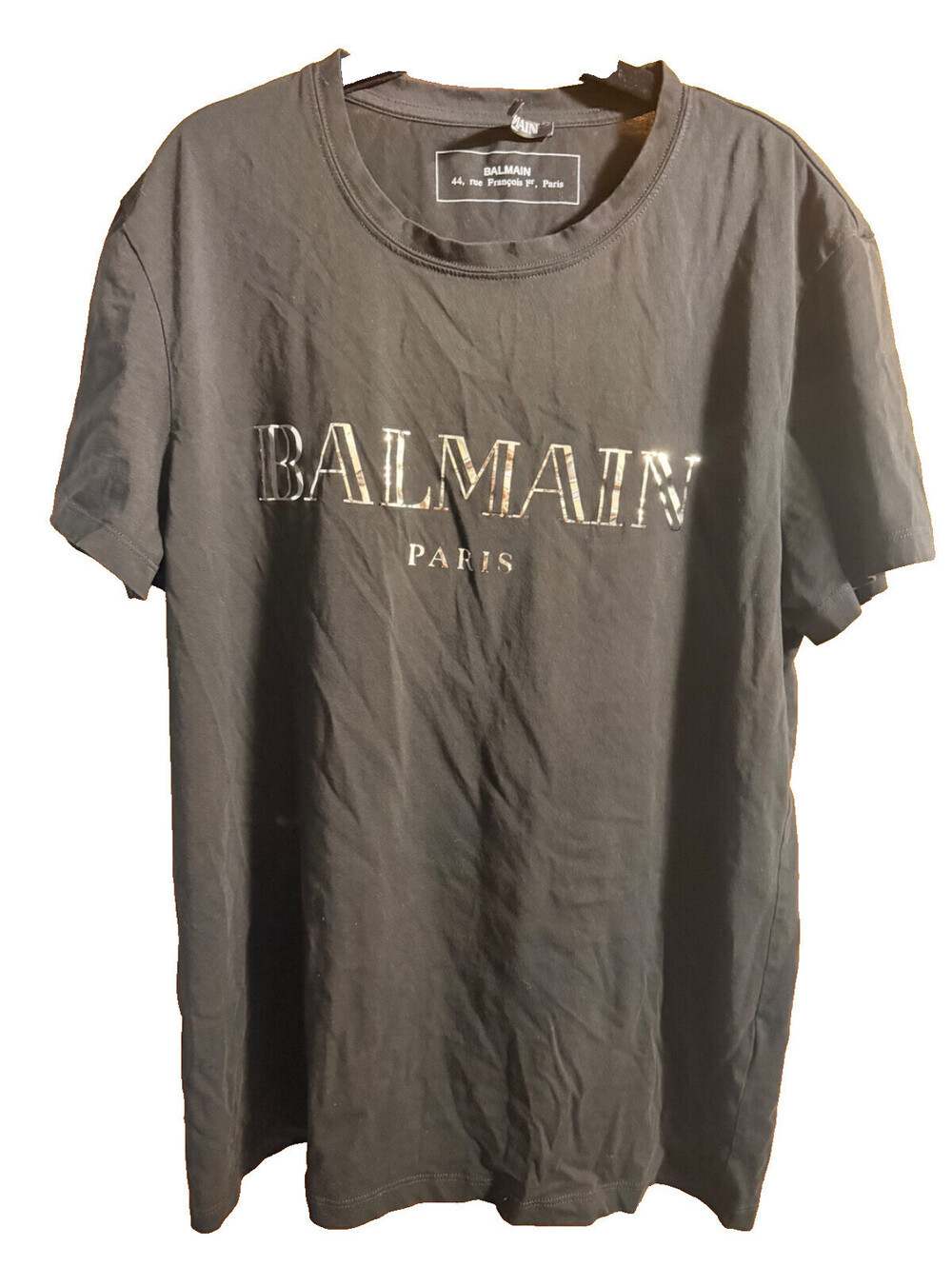 Balmain Men's Black and Chrome T-Shirt Size L Used Excellent